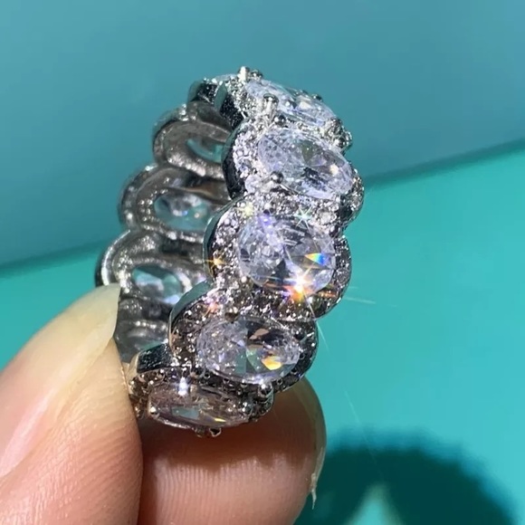 Oval Cut Halo Diamond Pink Clear Wedding Eternity Band - Picture 8 of 16